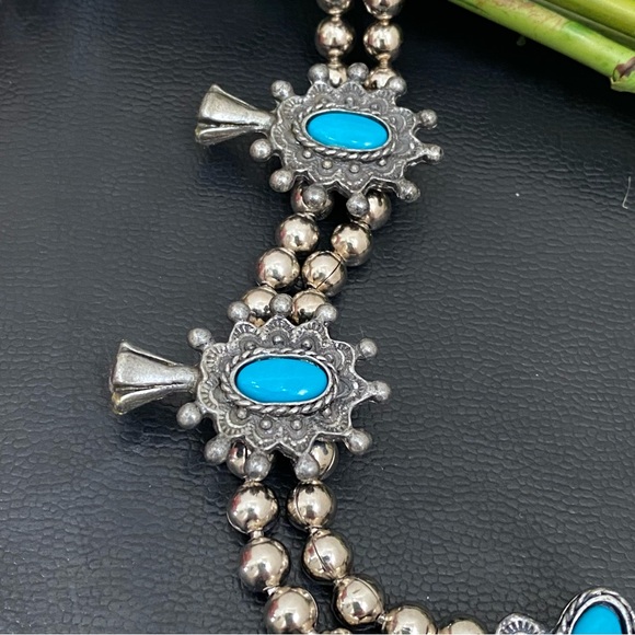 Vintage Faux Turquoise Silver-tone Ball Chain Squash Blossom Necklace 147.7g - Picture 13 of 14